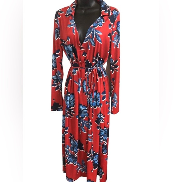 Zara red & blue floral v-neck button front belted‎ midi dress size small new - Picture 2 of 16